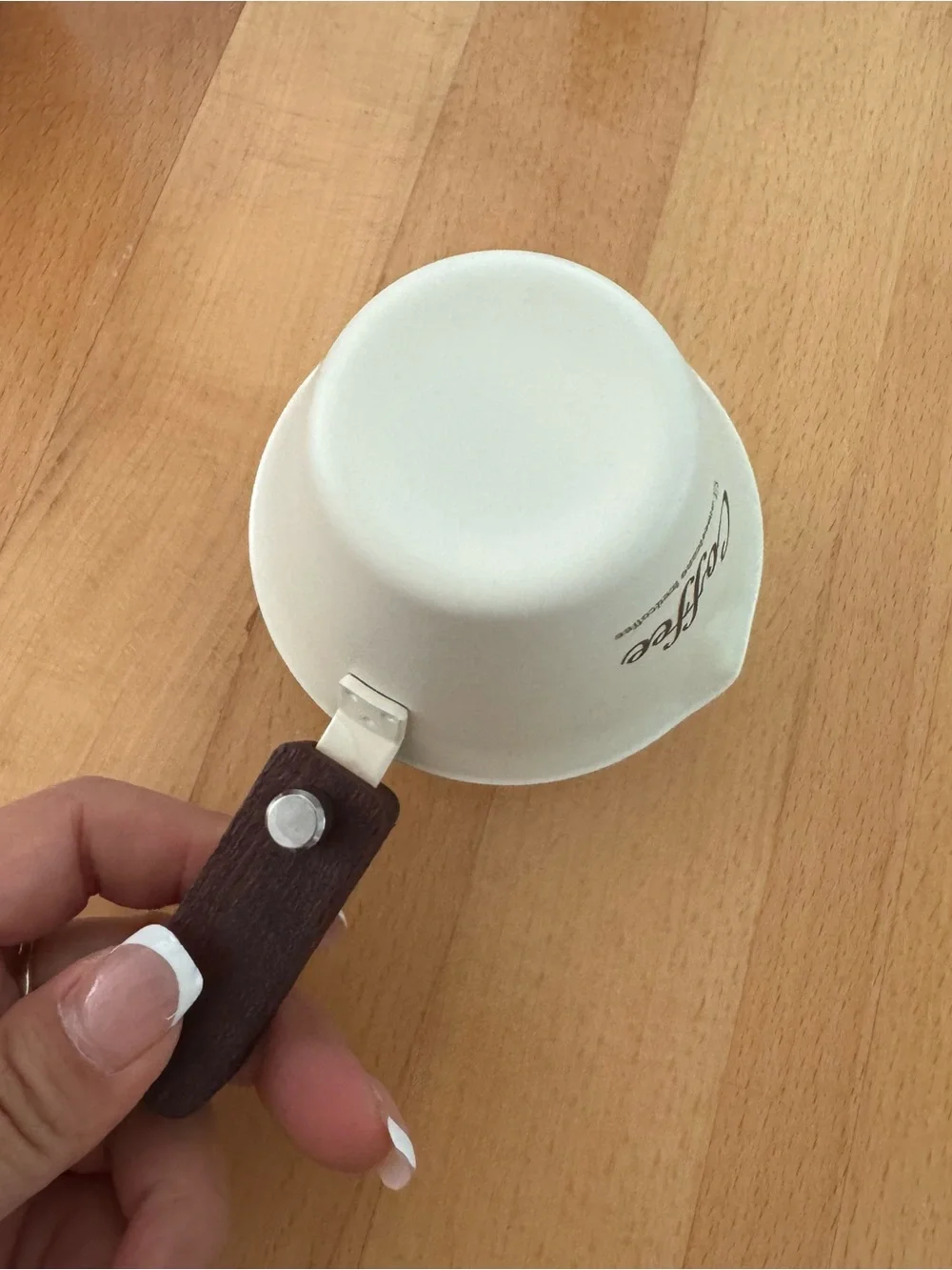White espresso shot cup with Wooden Handle